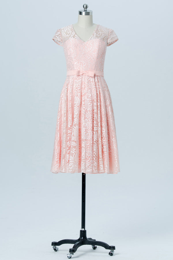 Short Sand Pink V-Neck Tulle Bridesmaid Dress