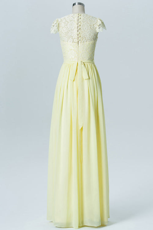 Lace Cap Sleeve Light Yellow Bridesmaid Dress