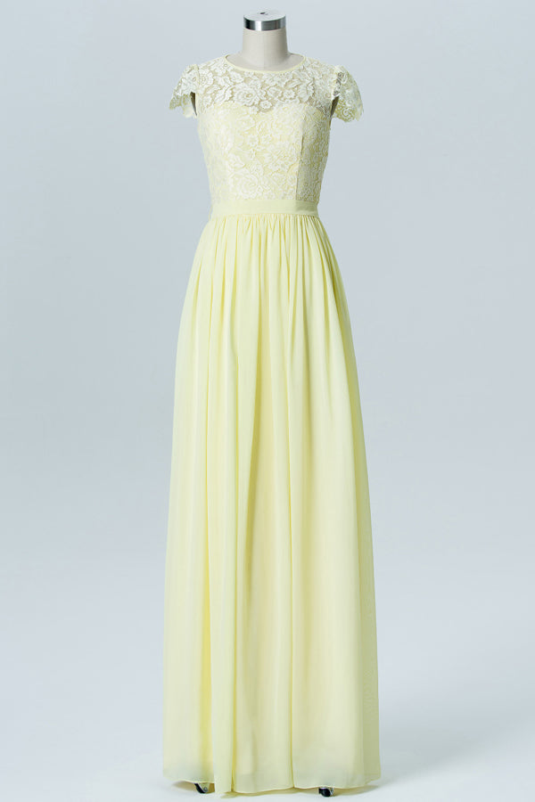 Lace Cap Sleeve Light Yellow Bridesmaid Dress