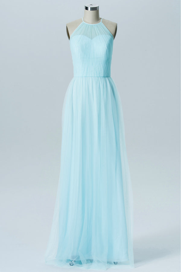 Sweet Light Blue Halter Tulle Bridesmaid Dress
