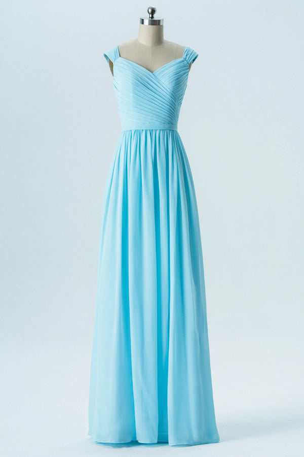 Chiffon Light Blue Wide Straps Long Bridesmaid Dress