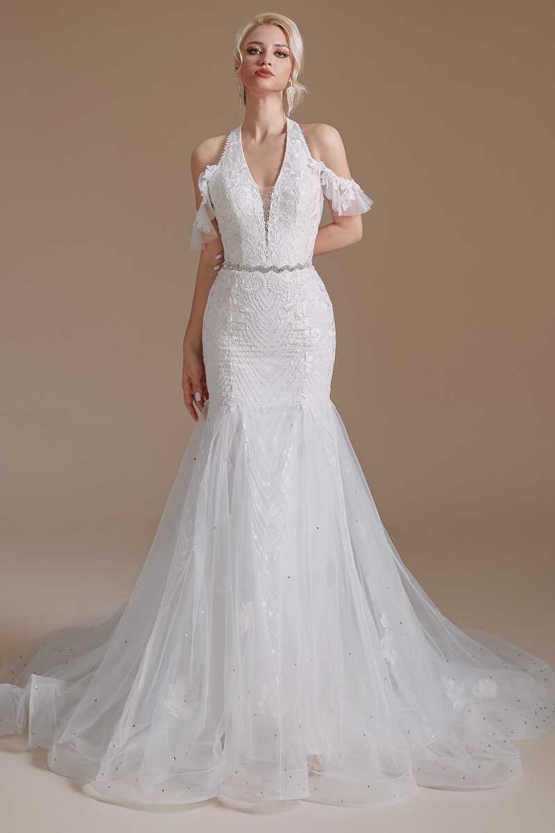 white halter neck wedding dress Designer Neckline providing a sophisticated and modern twist on traditional bridal styles Halter White Lace Mermaid Wedding