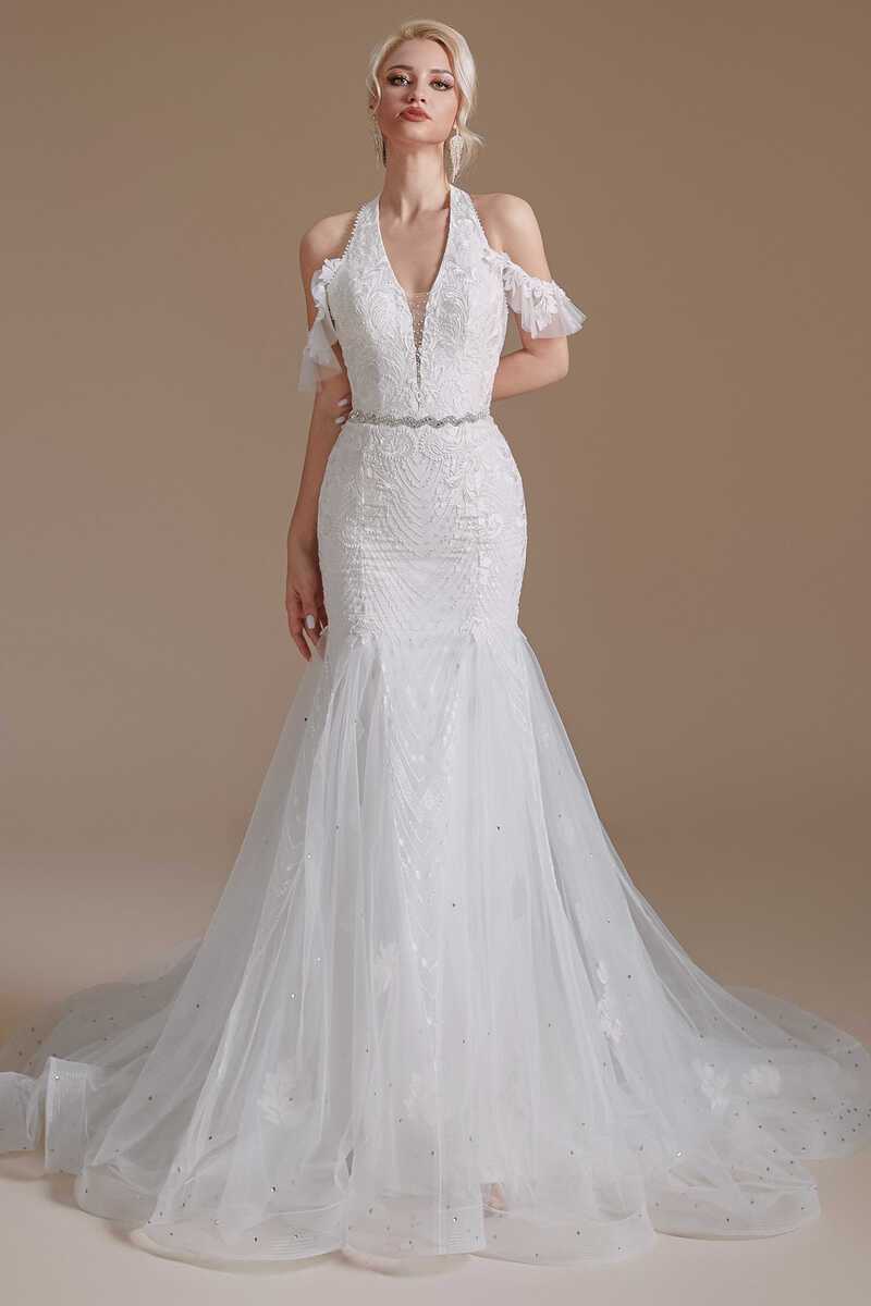 Halter White Lace Mermaid Wedding Dress with Detachable Sleeves