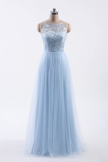 Cut Out Back Ice Blue Lace Bridesmaid Dress