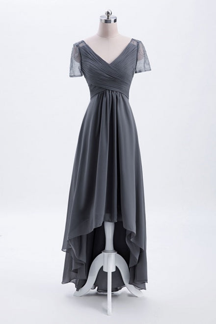 Hi-Low Grey Beaded Bridesmaid Dress with Short Sleeves FancyVestido Hi-Low Grey Beaded Bridesmaid Dress with Short Sleeves FancyVestido