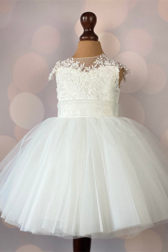 Knee Length Cute Ivory Appliqued Flower Girl Dress