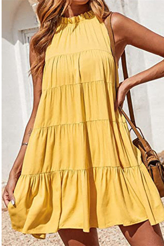 Crew Neck Yellow Ruffle Summer Dress