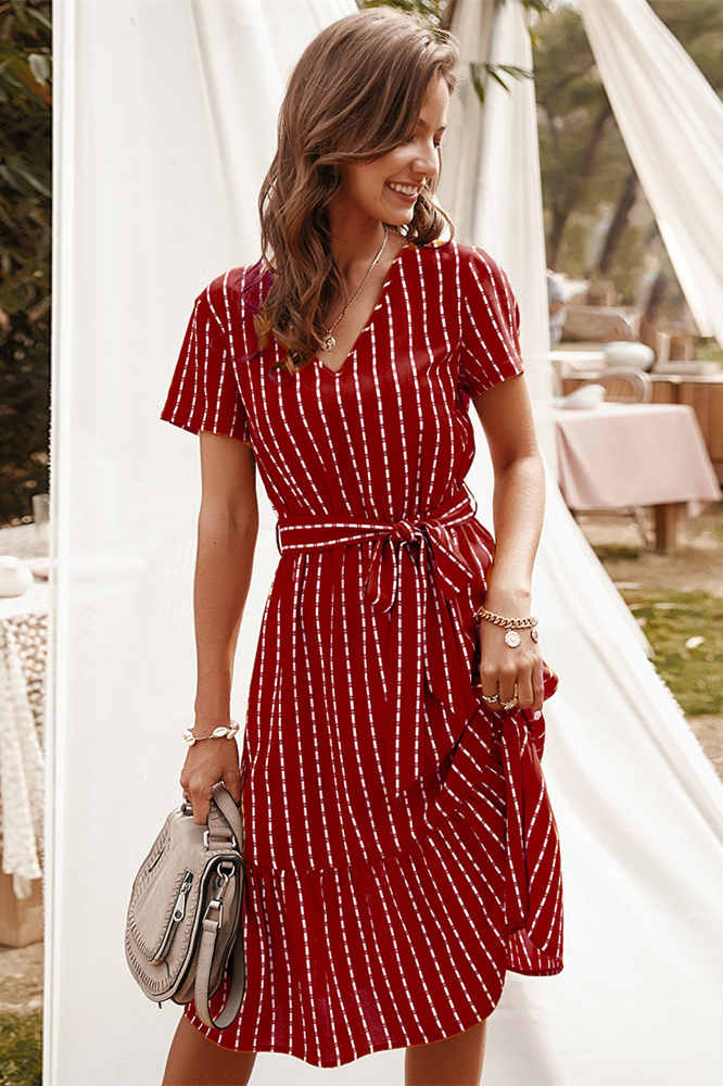 Elegant V-Neck Long Summer Dress with Stripe