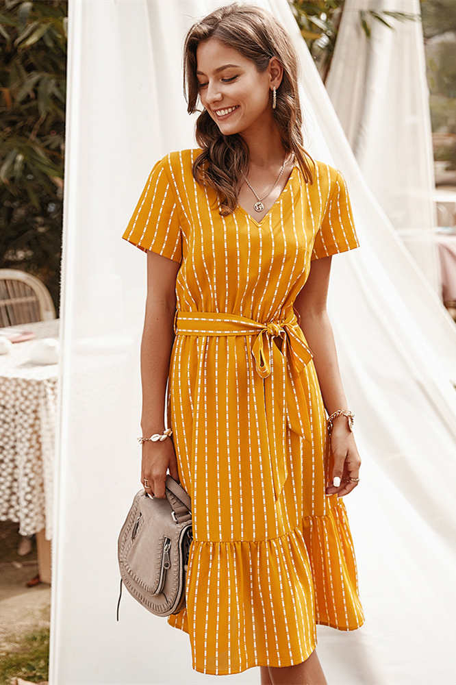 Elegant V-Neck Long Summer Dress with Stripe