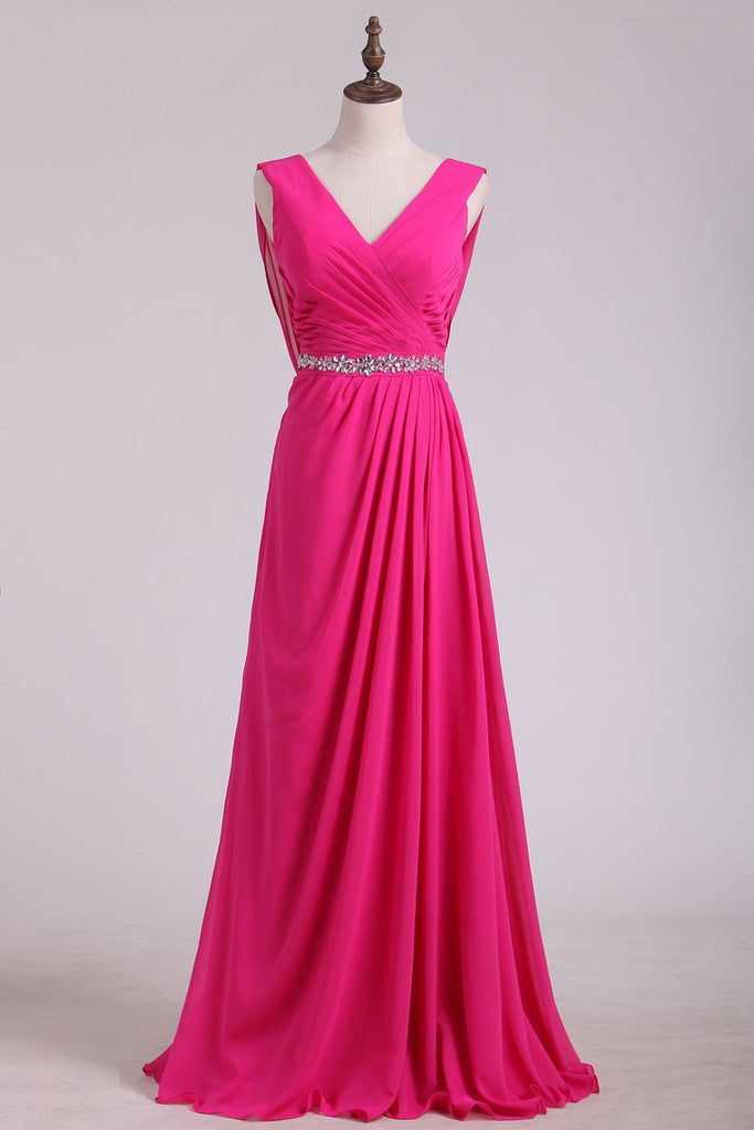 Backless Hot Pink V-Neck Chiffon Bridesmaid Dress – FancyVestido