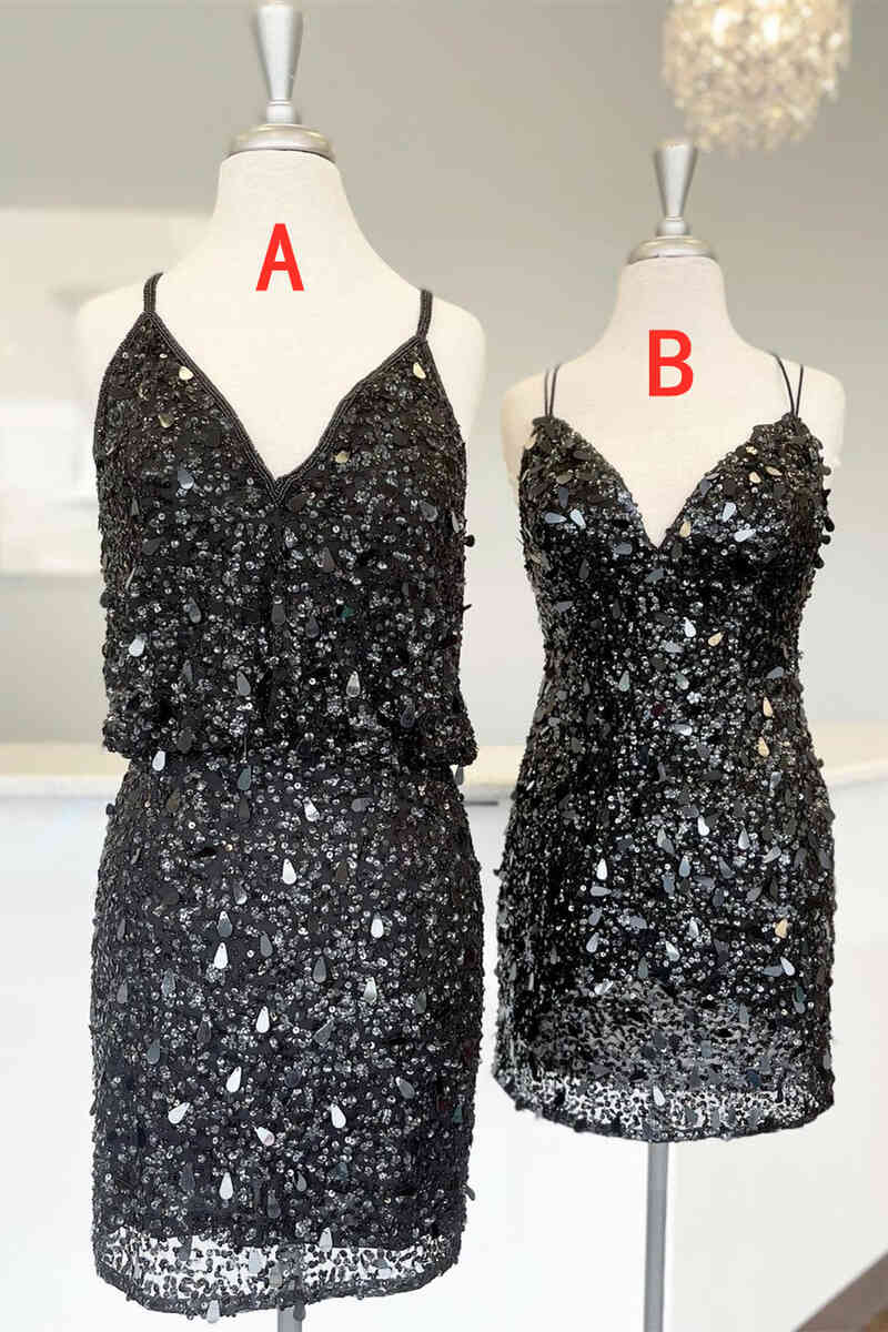 Tie Straps Balck Sequined Short Homecoming Dress