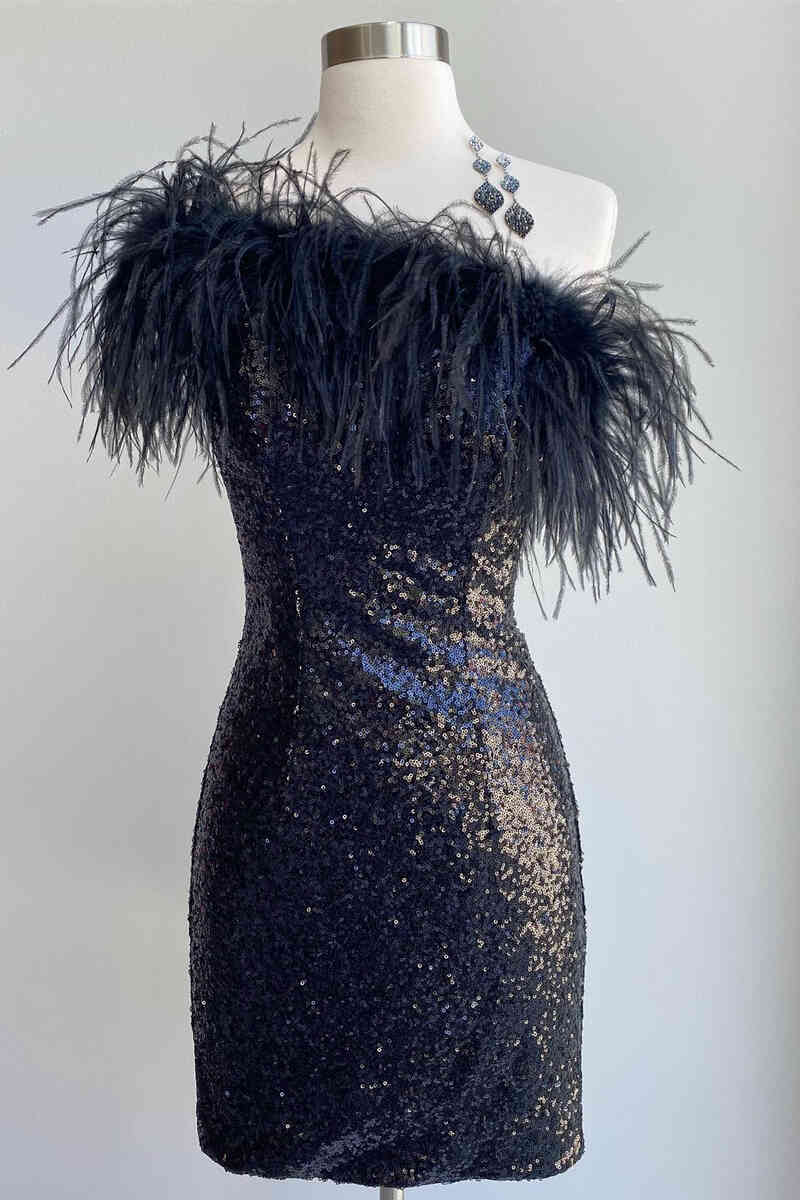 Balck Sequins One Shoulder Tight Homecoming Dress with Feather