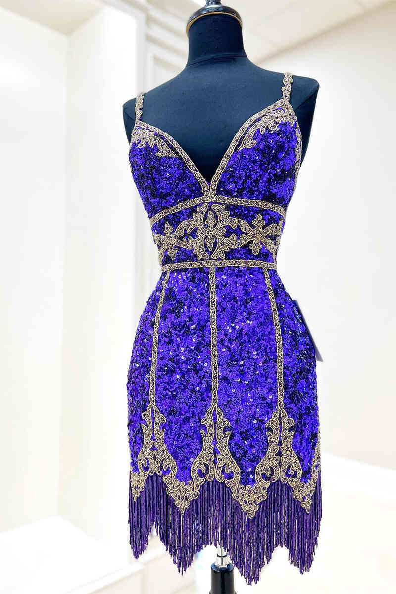purple and gold homecoming dress Glitter Sequined Short with Tassel through back for a Size:10.5D Date Activated:03/04/2020 Brocade Dresses | Designer