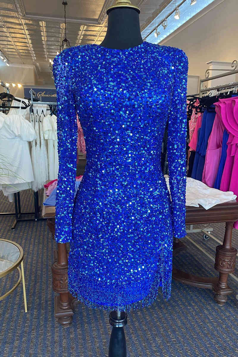 This tight short homecoming dress features hater neckline and sequins
