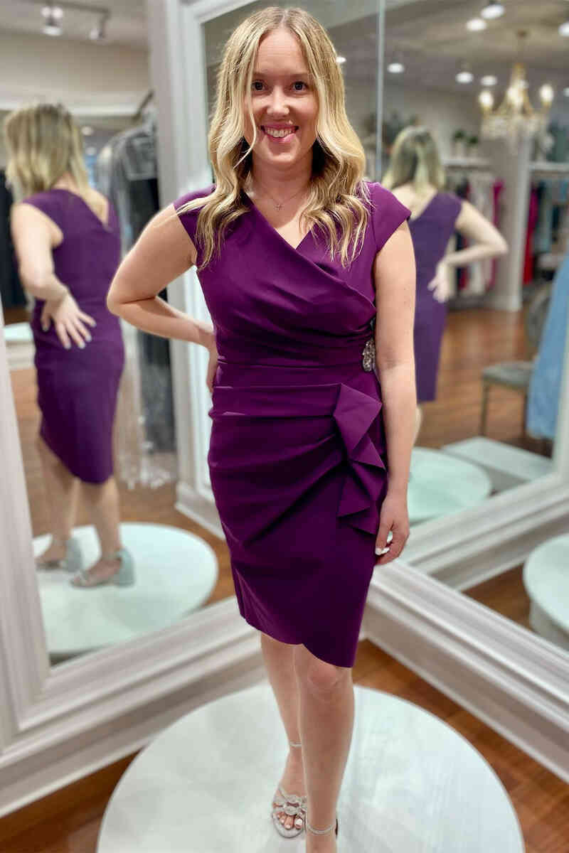 Cap Sleeve Ruched Purple Beaded Mother of Bride Dress