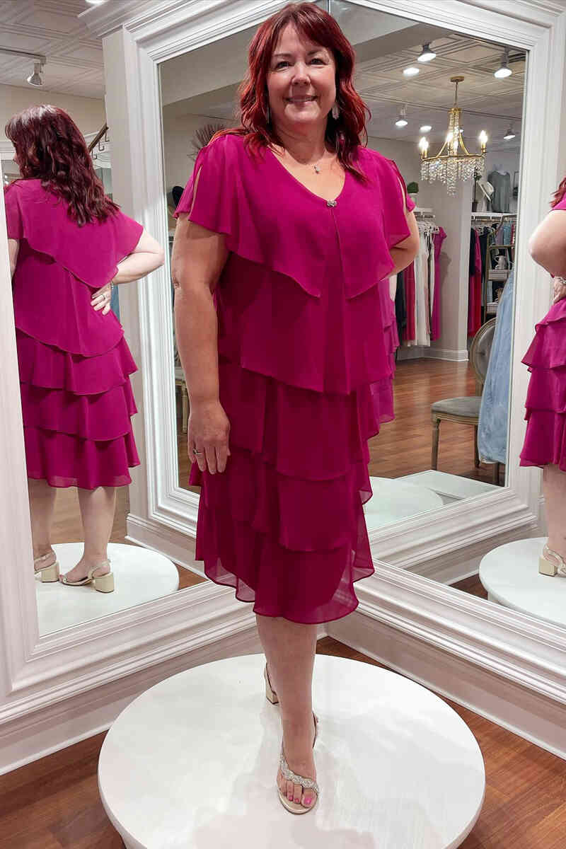 Elegant V-Neck Magenta Tiered Chiffon Mother of the Bride Dress