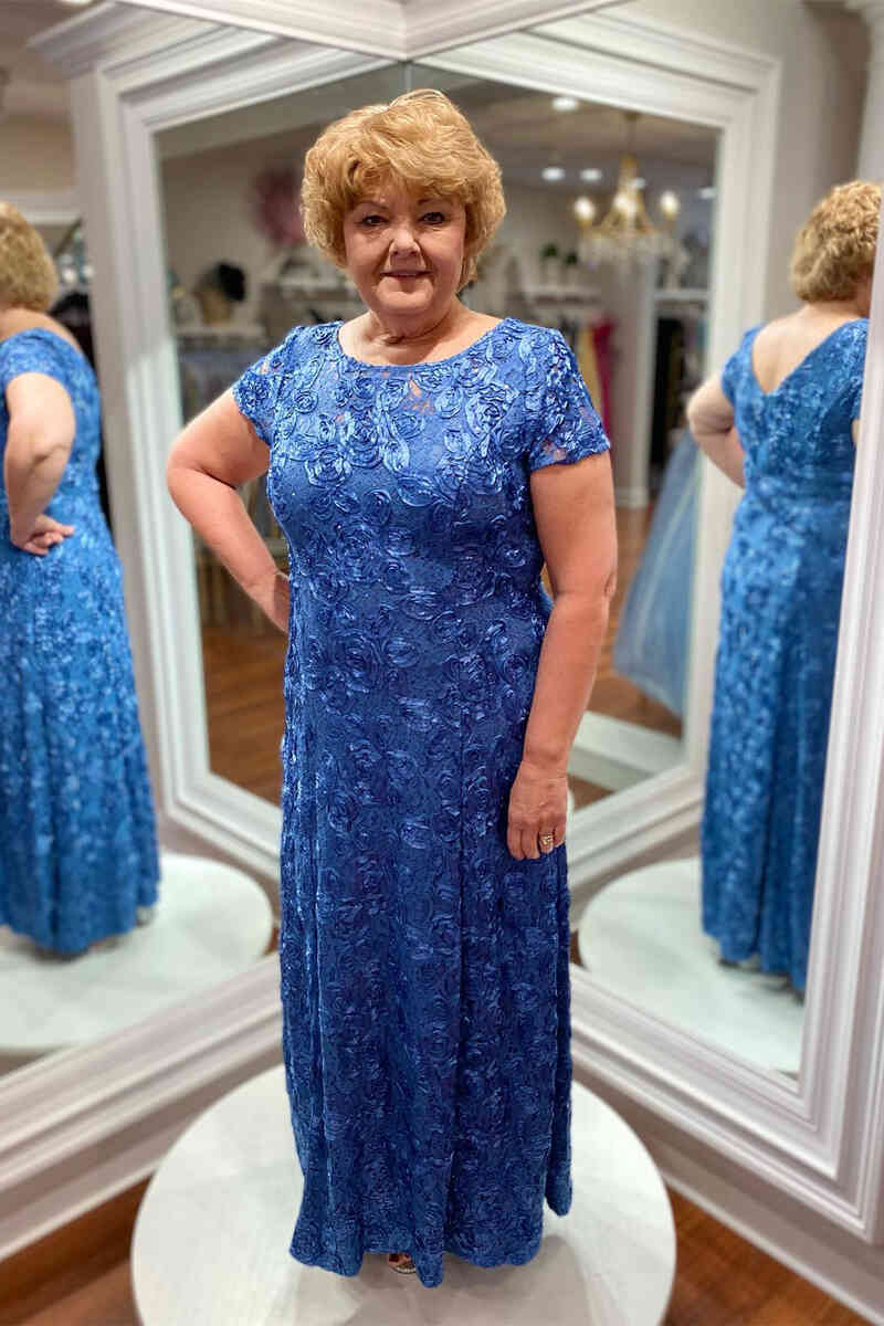 Crew Neck Blue Appliques Long Mother of Bride Dress