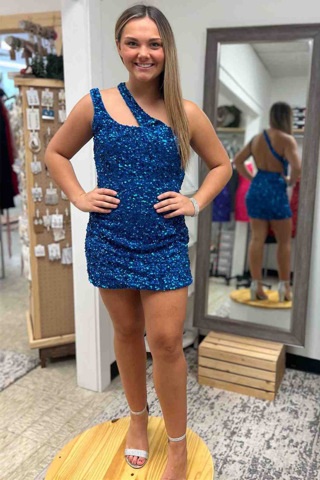 Backless One Shoulder Blue Sequins Mini Homecoming Dress