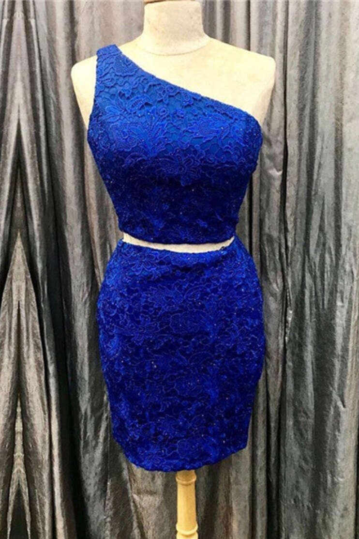 One Shoulder Royal Blue Two Piece Lace Tight Homecoming Dress