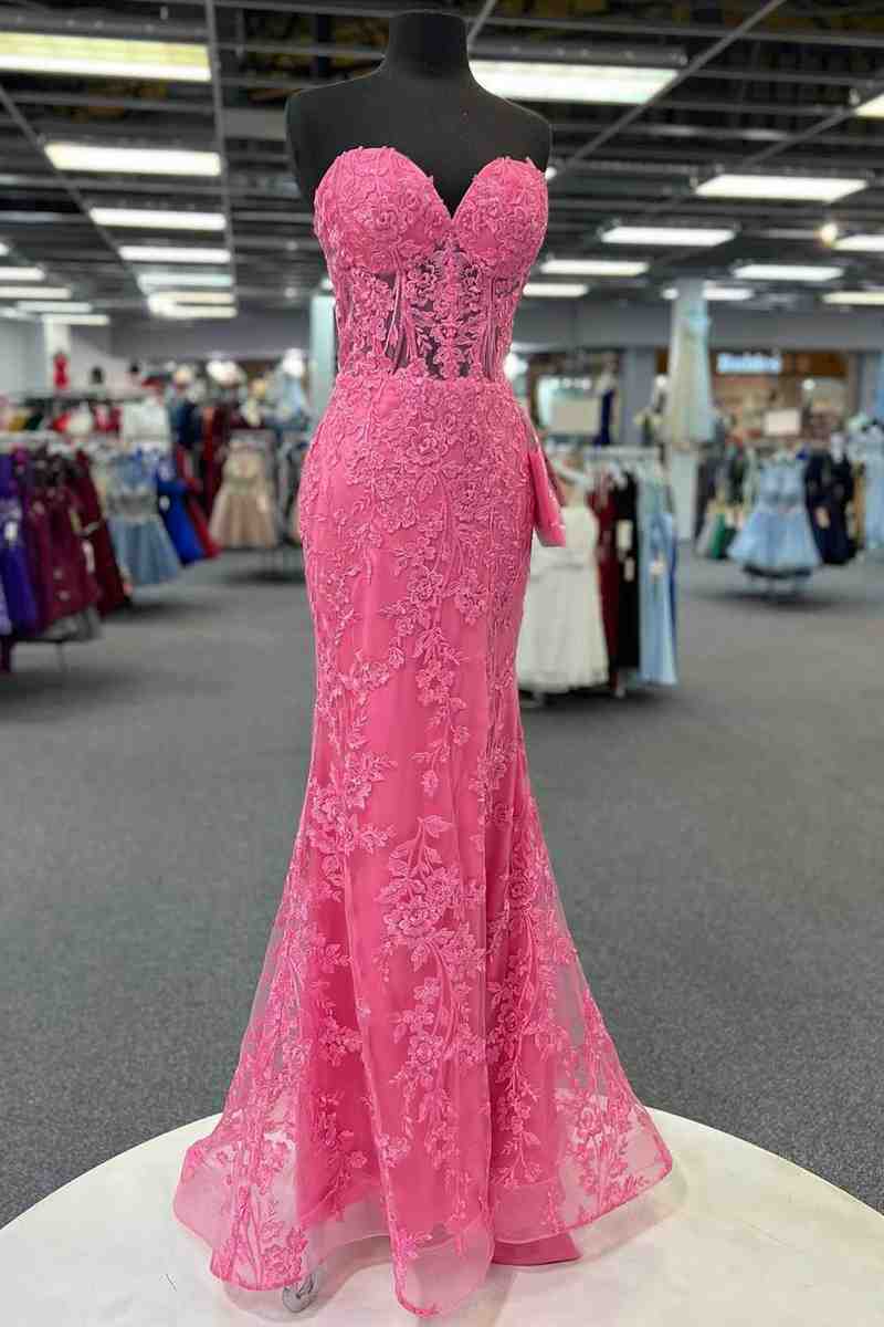 strapless hot pink prom dress Lace Dresses, Backless Hot Pink Lace Formal Ev jbydress Crafted from tulle Alyssa | Strapless High Low