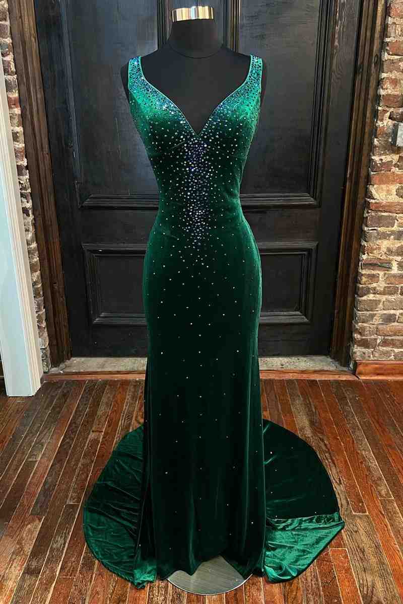 FancyVestido V-Neck Dark Green Velvet Long Prom Dress with Rhinestones US 14 / Black / Rush