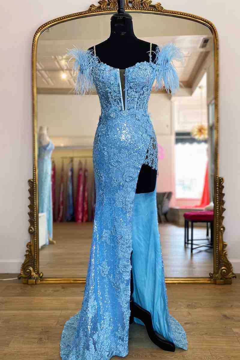 Light Blue Appliques Long Prom Dress with Detachable Feathered Shoulder