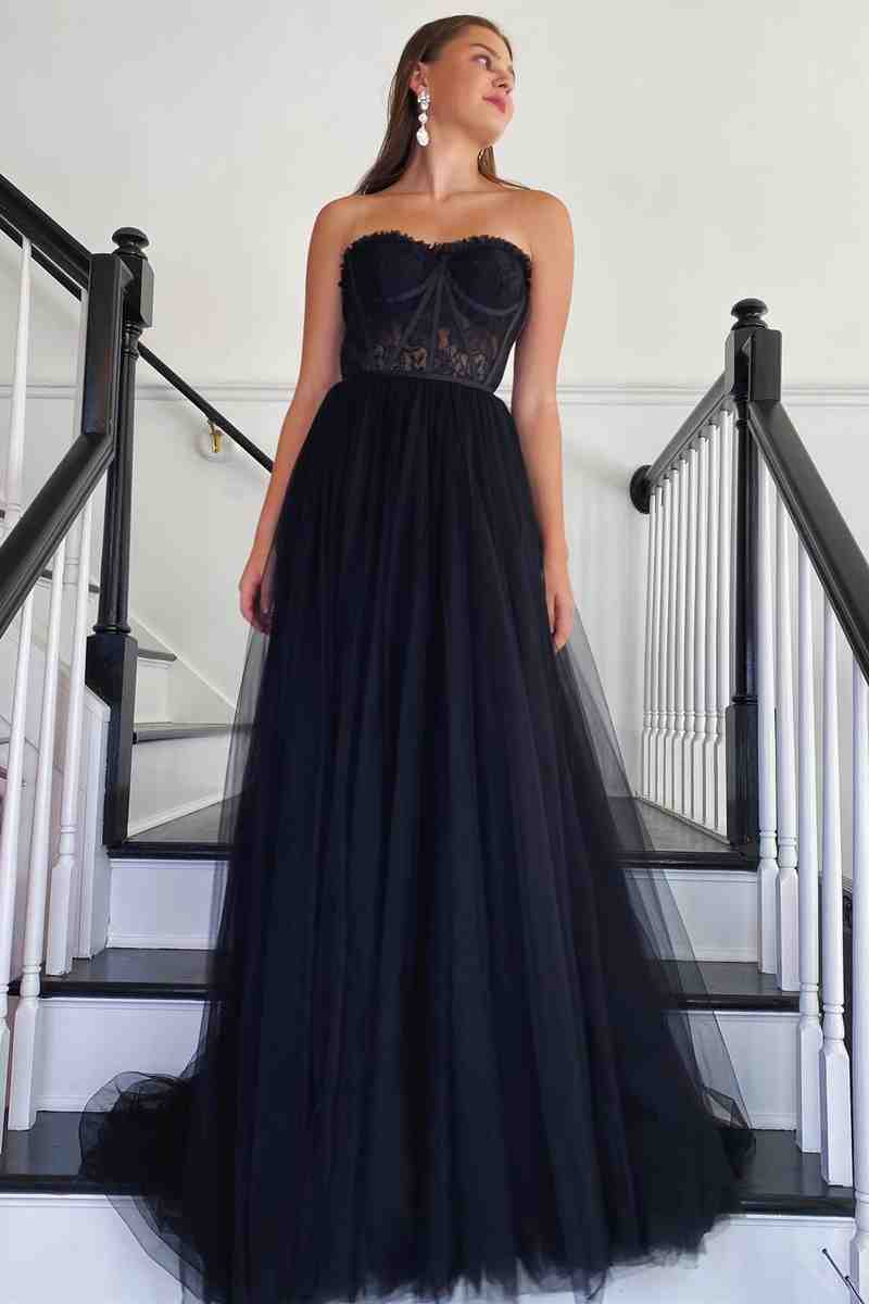 Sweetheart Black Corset Lace Tulle Long Prom Dress – FancyVestido