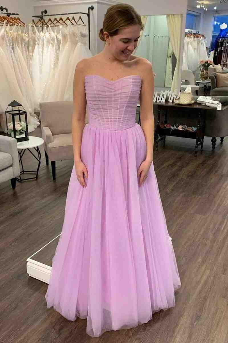 Strapless Lilac Pleated Top Tulle Long Prom Dress