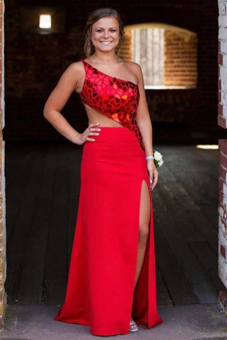 Long Red Cut Mirror Sequins One Shoulder Party Dress