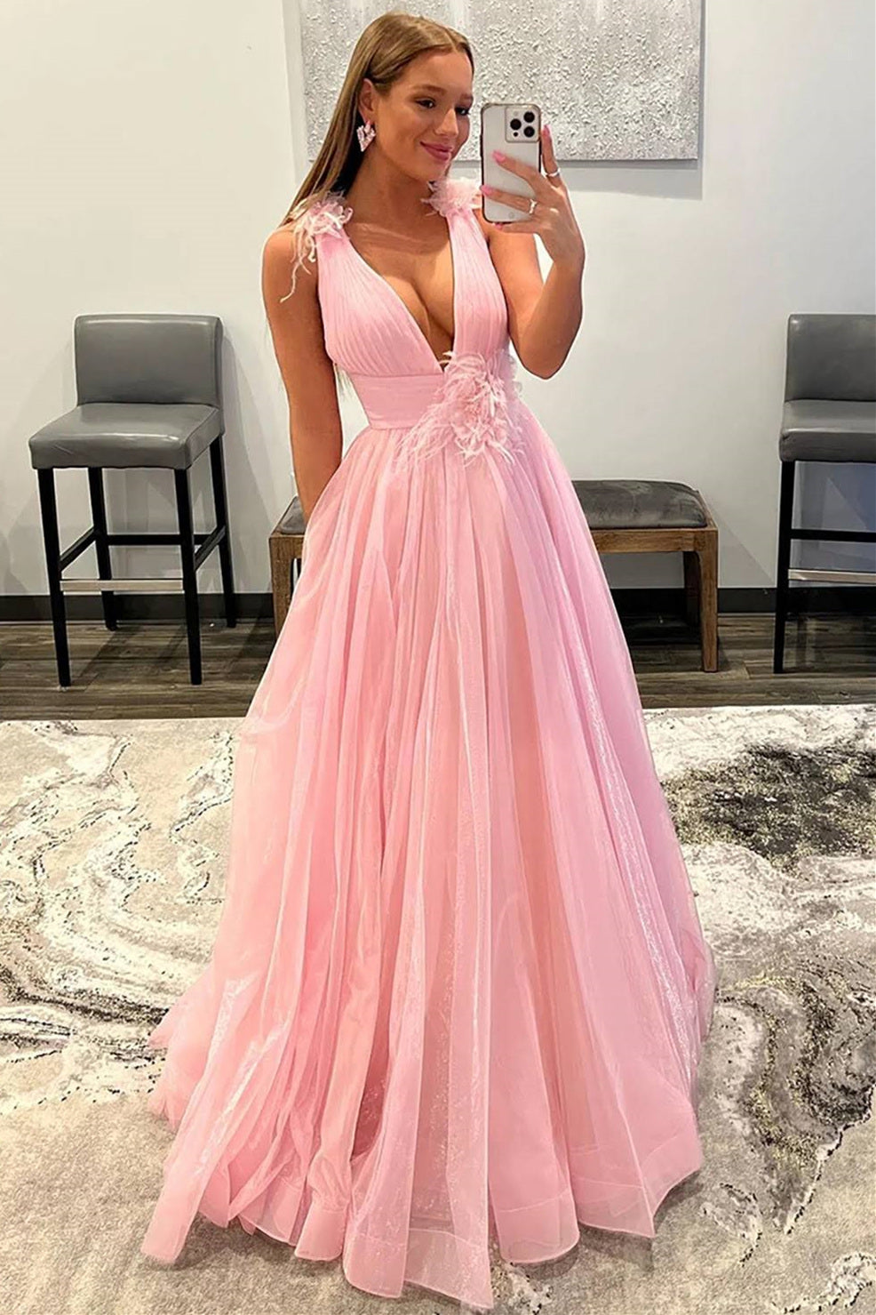 Beautiful Backless Pink Tulle Open Back V Neck Long Formal Evening Dresses main image 1