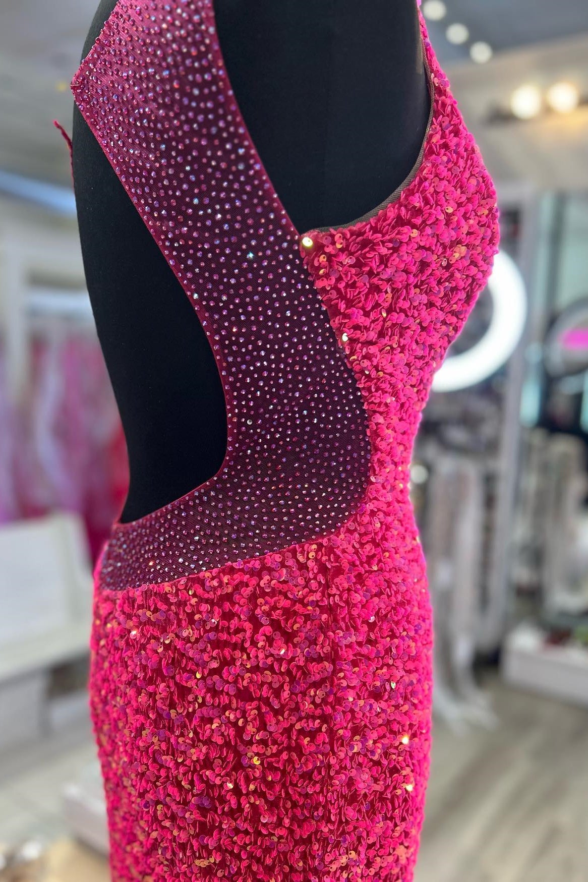 Hot Pink Mermaid One Shoulder Sequins Beaded Long Prom Dress