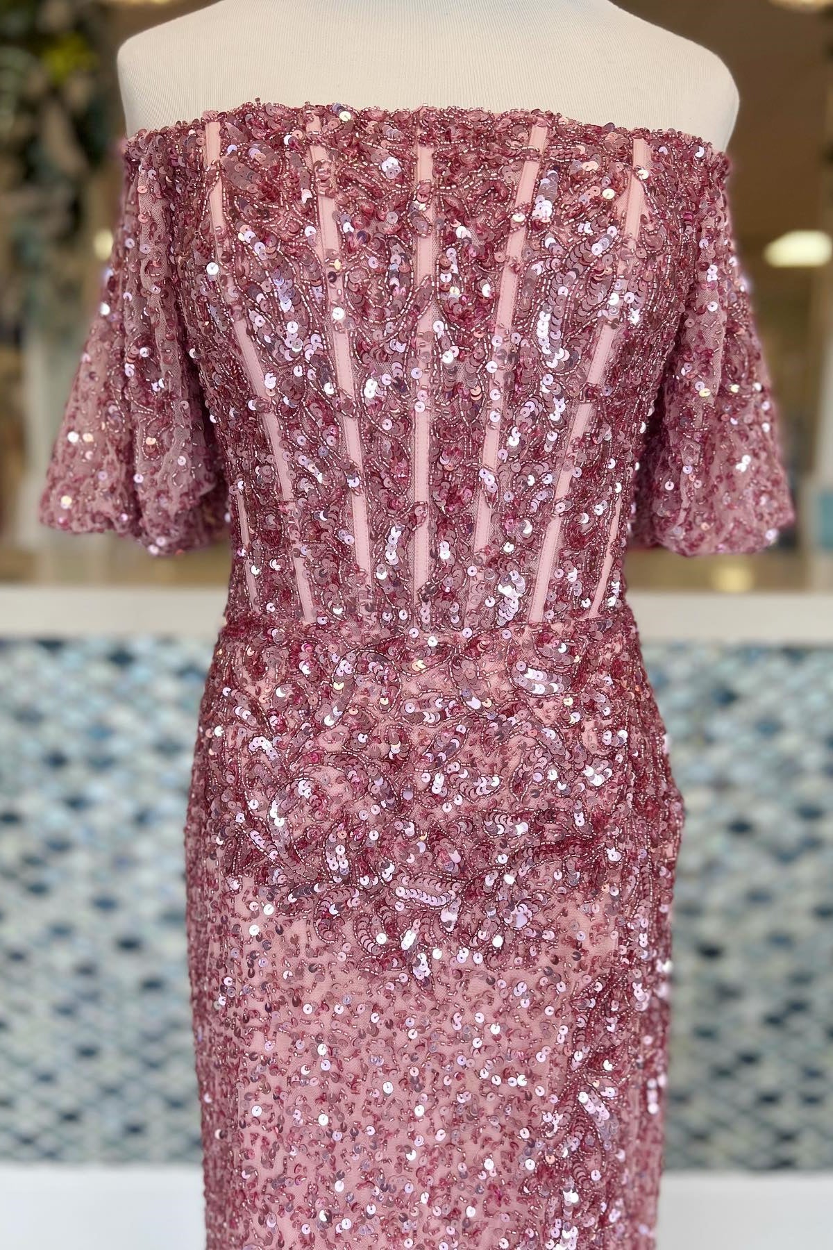 Pink Mermaid Off-the-Shoulder Sequins Long Prom Dress with Slit