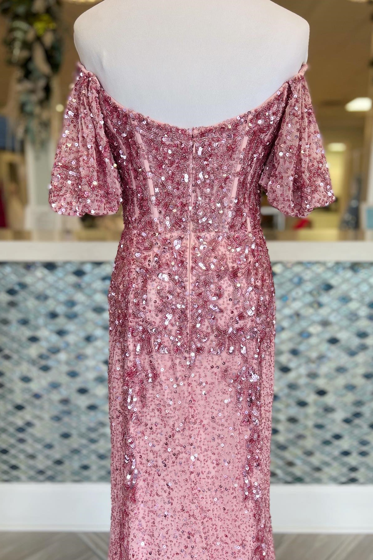 Pink Mermaid Off-the-Shoulder Sequins Long Prom Dress with Slit