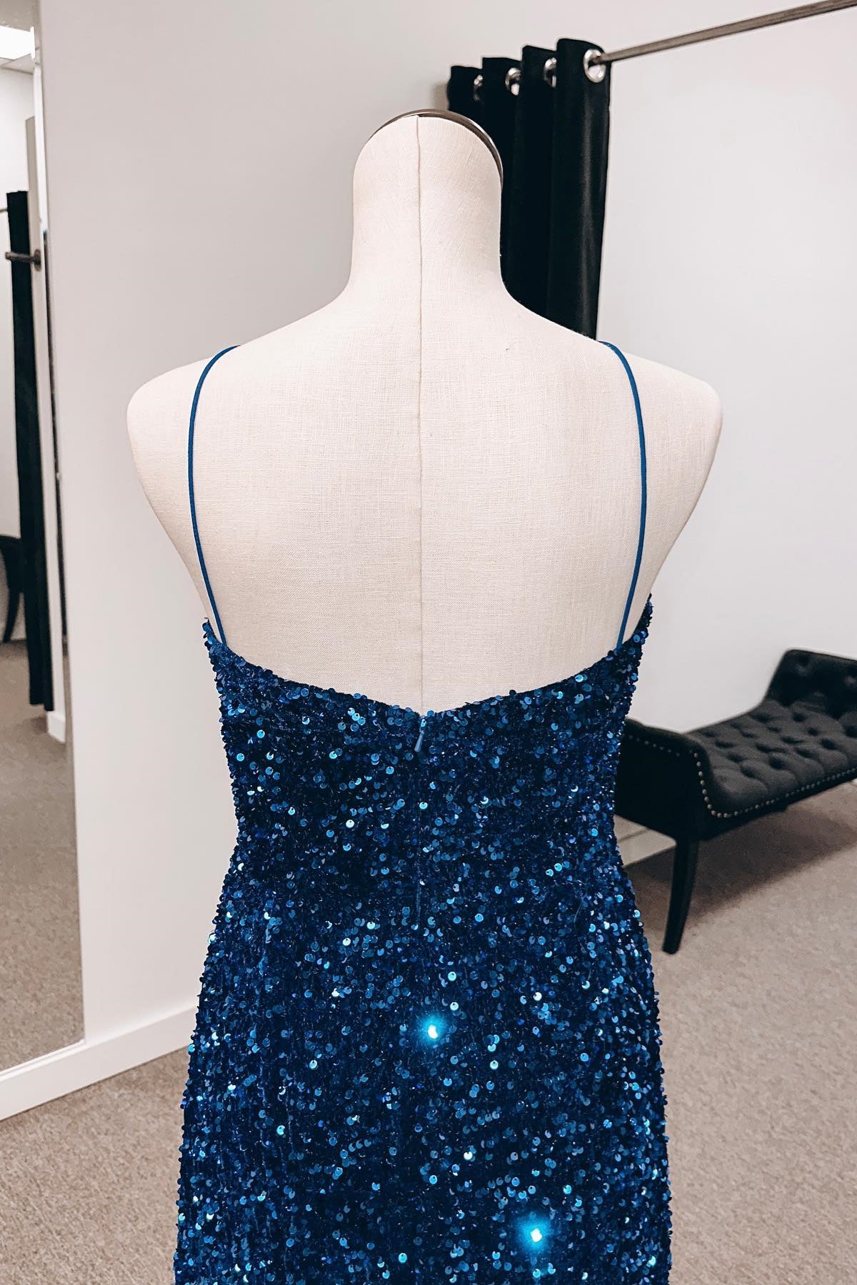 Dark Navy Mermaid Spaghetti Straps Cut-Out Sequins Long Prom Dress with Slit
