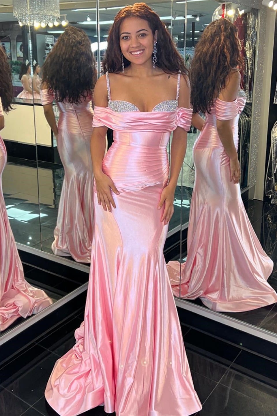 Pink Mermaid Off-the-Shoulder Beaded Satin Pleated Long Prom Dress