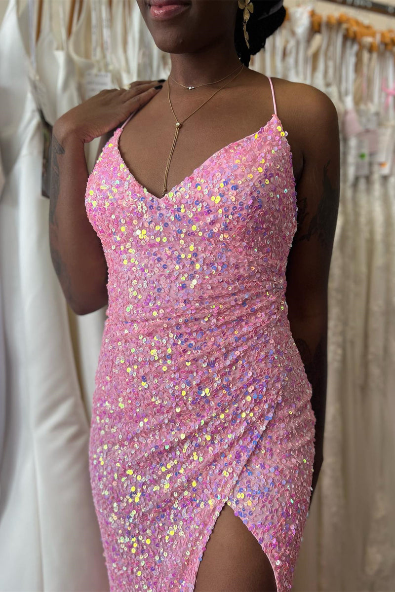 Pink Mermaid V Neck Straps Sequins Pleated Long Prom Dress with Slit