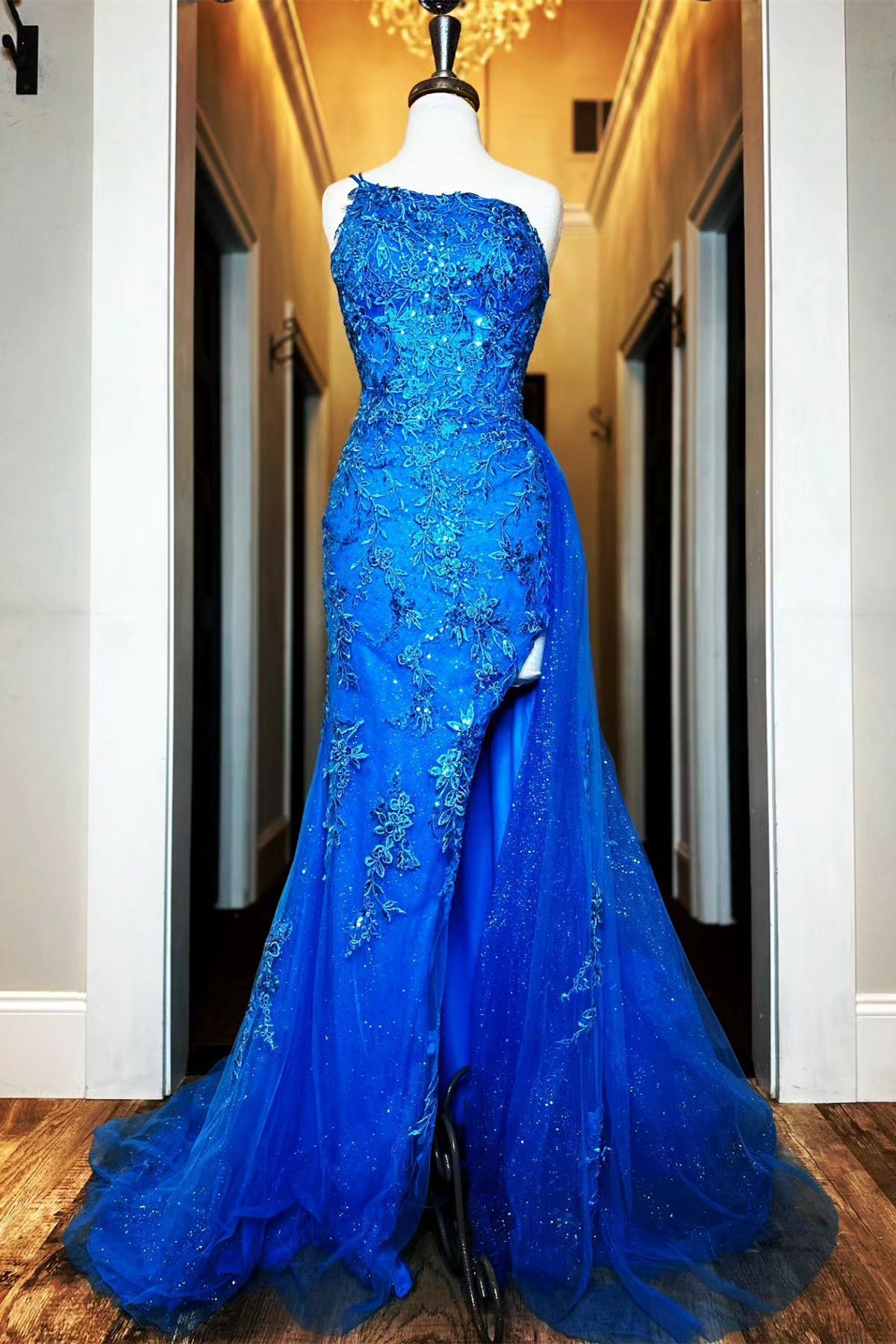 Elegant One-Shoulder Beaded Mermaid Prom Dress with Ruffle and Slit