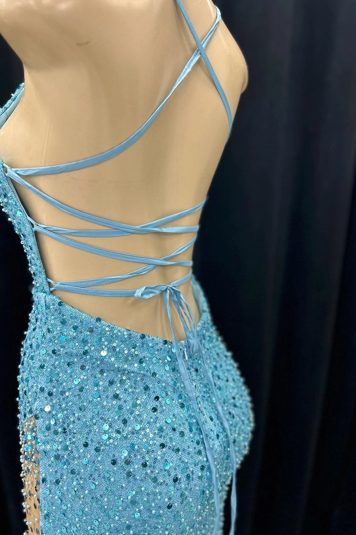 Blue Mermaid Sequins Deep V Neck Lace-Up Back Long Prom Dress with Slit