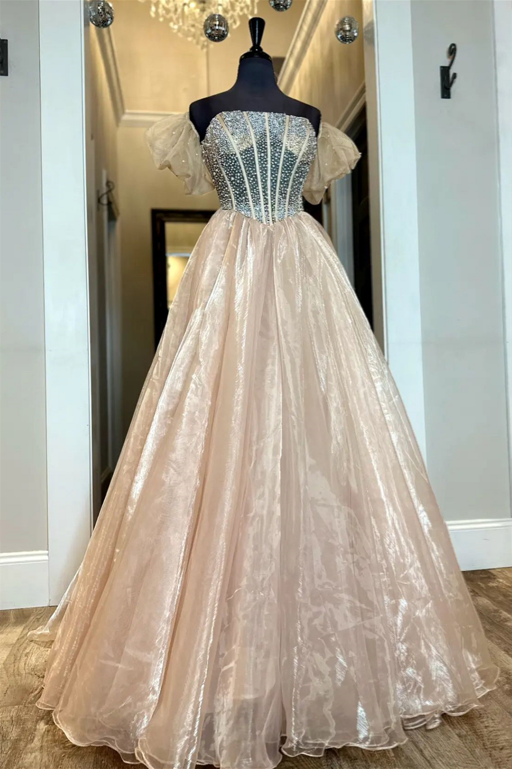 Blush Pink Puff Off-the-Shoulder Beaded Organza Long Prom Dress FancyVestido Blush Pink Puff Off-the-Shoulder Beaded Organza Long Prom Dress FancyVestido