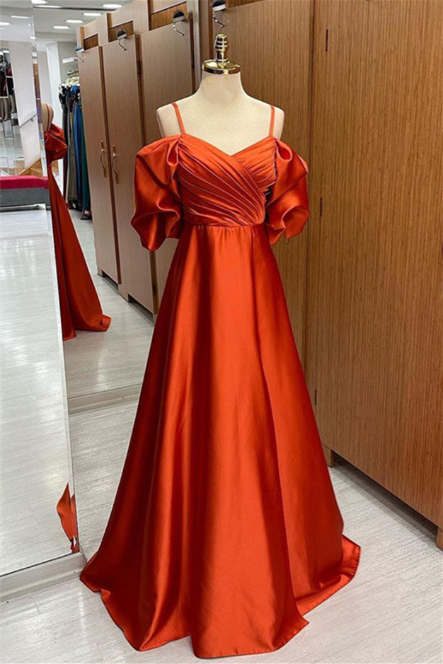 Rust Orange Off-the-Shoulder Straps Pleated Satin Long Prom Dress FancyVestido Rust Orange Off-the-Shoulder Straps Pleated Satin Long Prom Dress FancyVestido