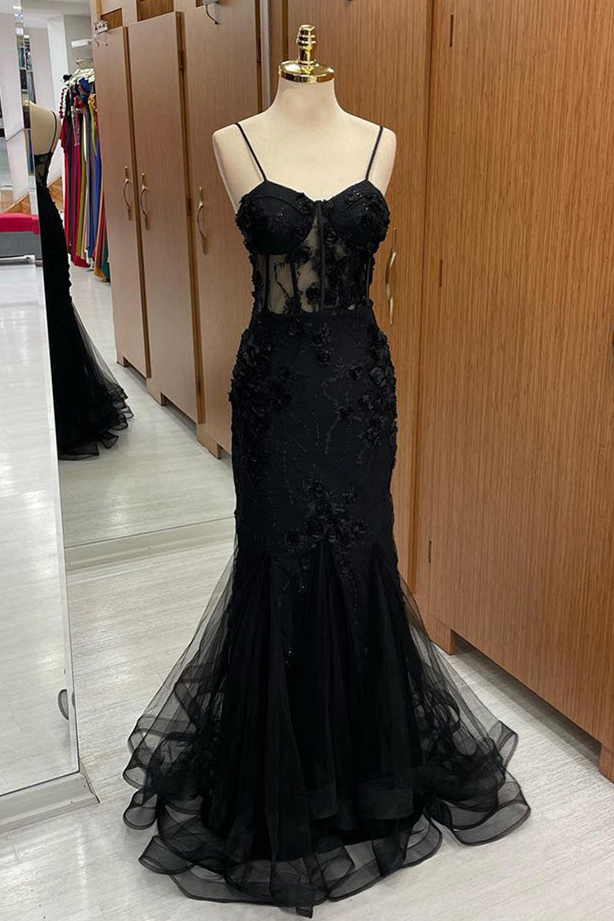Black Sweetheart Straps Mermaid Appliques Tulle Long Prom Dress FancyVestido Black Sweetheart Straps Mermaid Appliques Tulle Long Prom Dress FancyVestido
