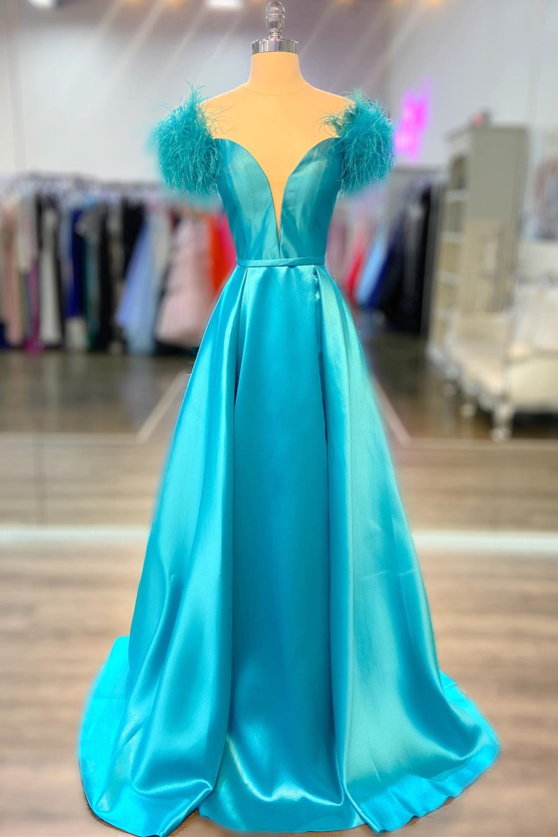 Deep Sky Blue Deep V Neck Feathers Satin Long Prom Dress