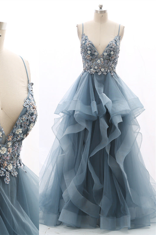 Elegant Straps Duaty Blue Tiered Prom Dress with Appliques