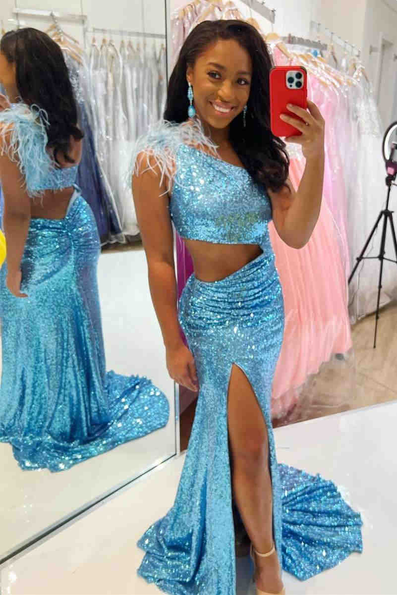 One Shoulder Cut Out Back Beading Blue Ombre Prom Dress, Long Formal Dress, OP121