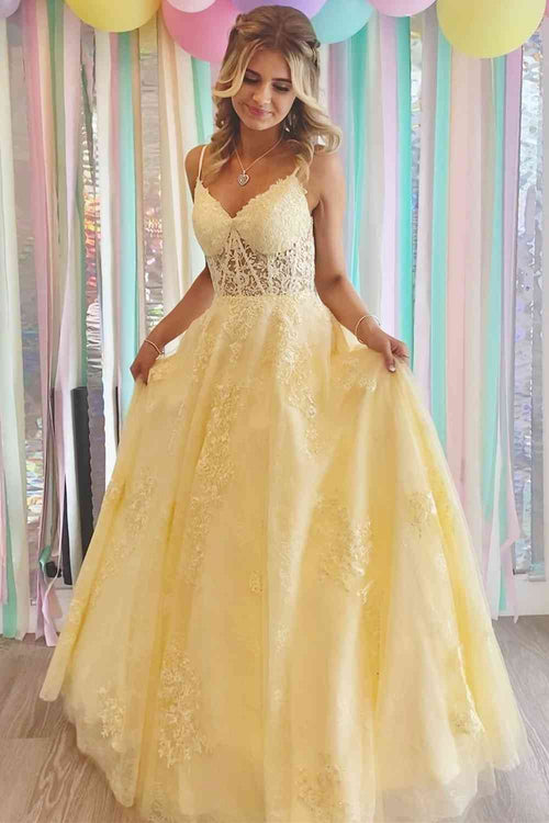 Lace-Up Yellow V-Neck Appliques A-Line Long Formal Dress