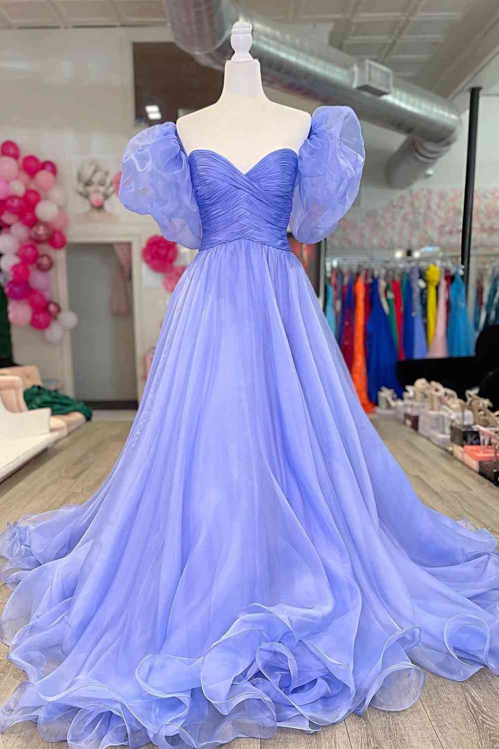 Princess Lavender Puff Sleeves Pleated Long Prom Dress