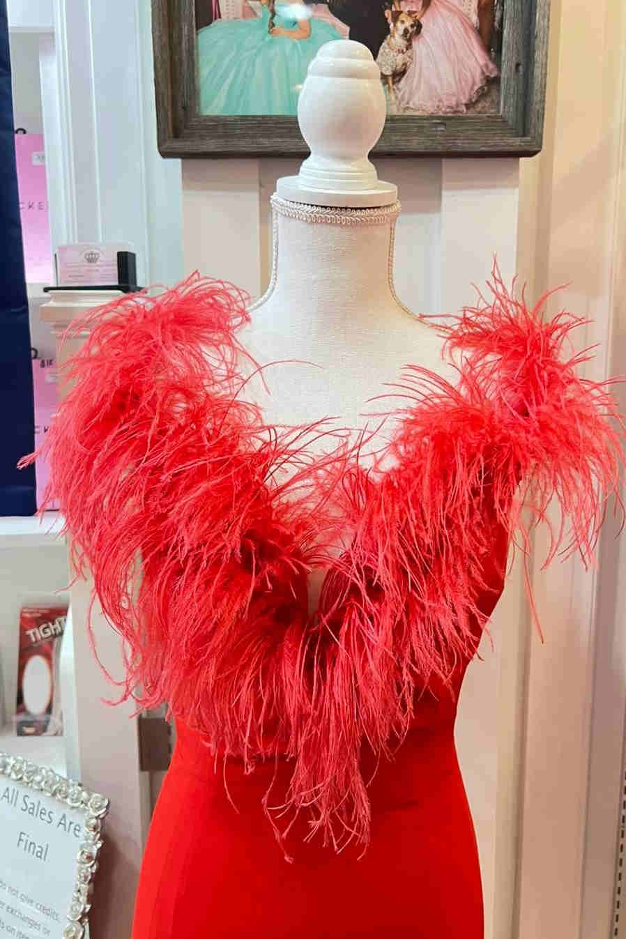 Plunging Neck Red Feather Formal Dress with Slit