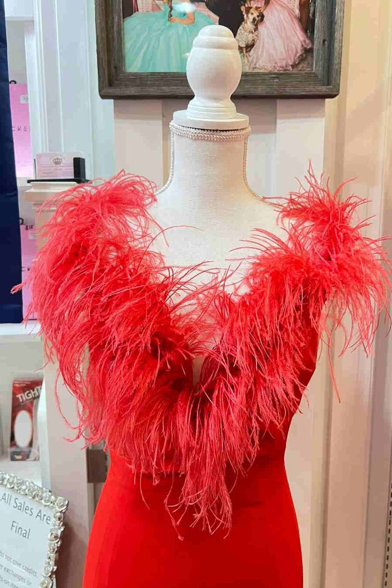 Plunging Neck Red Feather Formal Dress with Slit