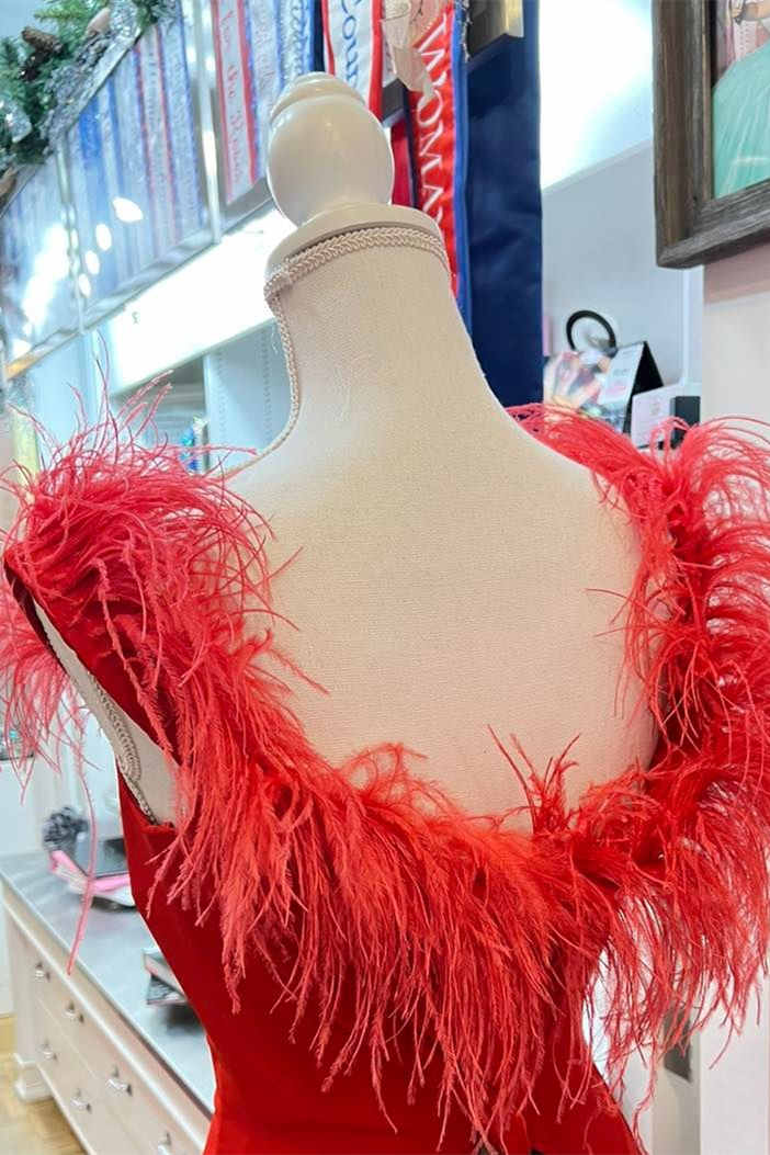Plunging Neck Red Feather Formal Dress with Slit
