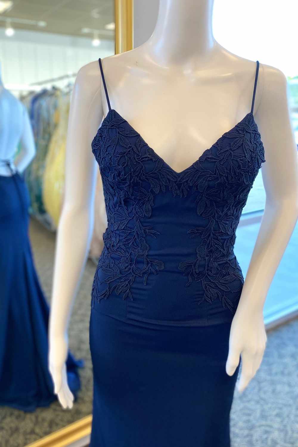 Navy Blue V Neck Mermaid Long Prom Dress Modest Evening Dress, DP3278